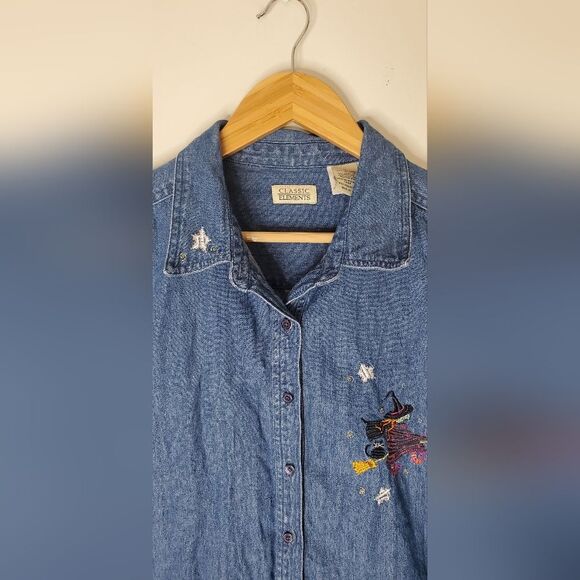 Classic Elements Embroidered Halloween Denim Shirt Womens Size 14 - Picture 4 of 9